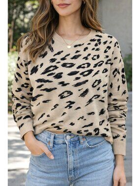 Maria Wynne Womens XS Sweater Beige & Black Leopard Print Lightweight Pullover